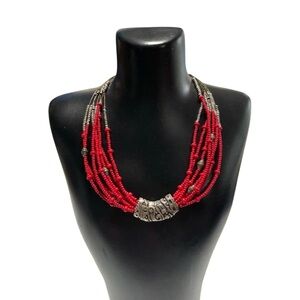 Chico’s Red and Silver Beaded Necklace, Choker, Vintage. Tribal charm design
